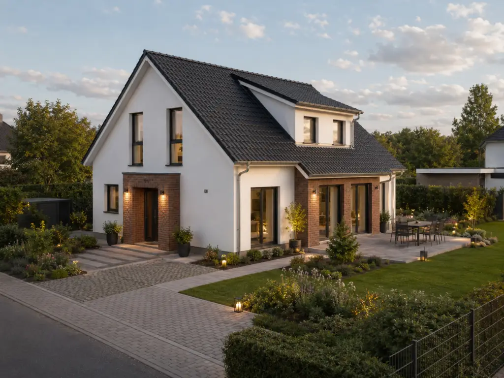 Einfamilienhaus mit Satteldach und fertig angelegtem Garten