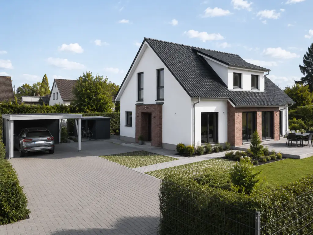 Einfamilienhaus mit Carport und gepflasterter Einfahrt
