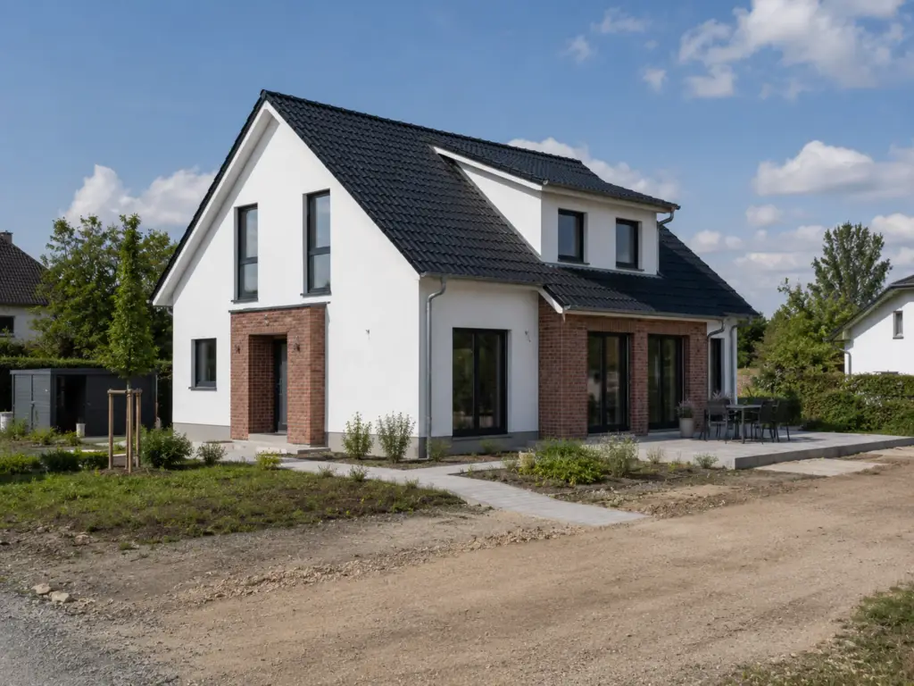 Neubau mit noch unbefestigter Zufahrt vor dem Anlegen der Außenanlagen