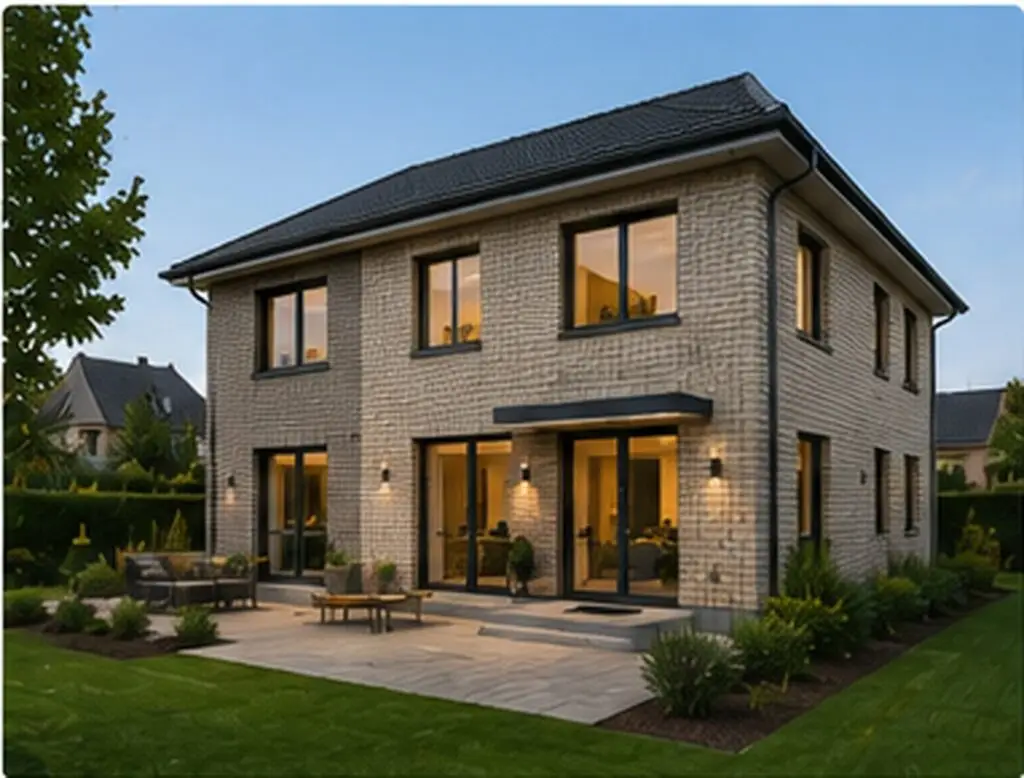 Modernes Klinkerhaus mit Satteldach am Abend auf einem begrünten Grundstück