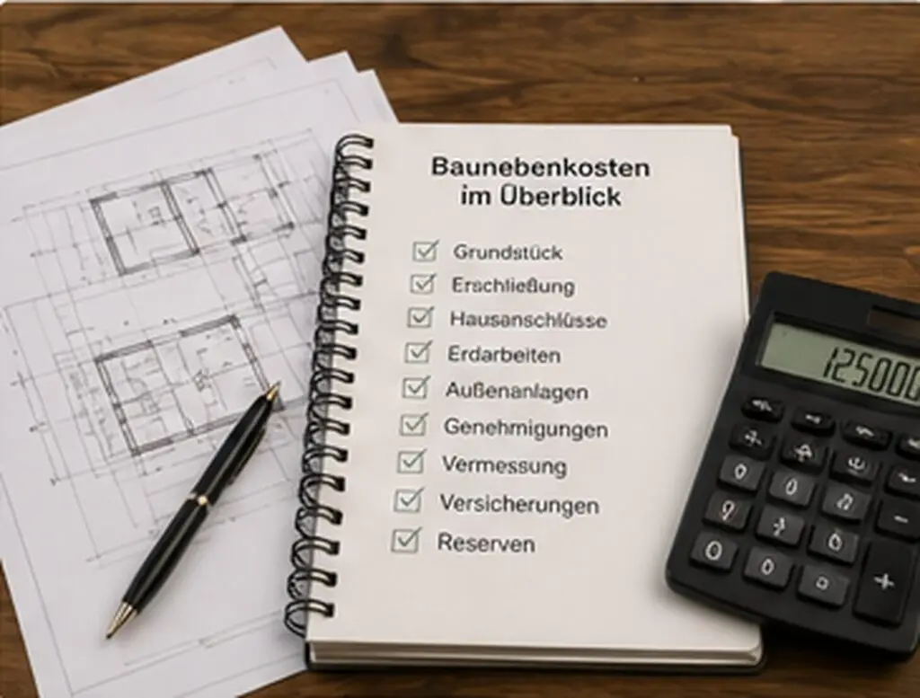Checkliste der Baunebenkosten mit Taschenrechner und Bauplänen