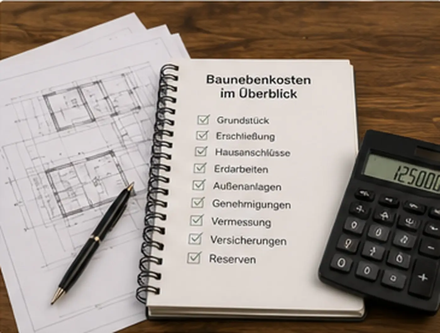 Checkliste der Baunebenkosten mit Taschenrechner und Bauplänen