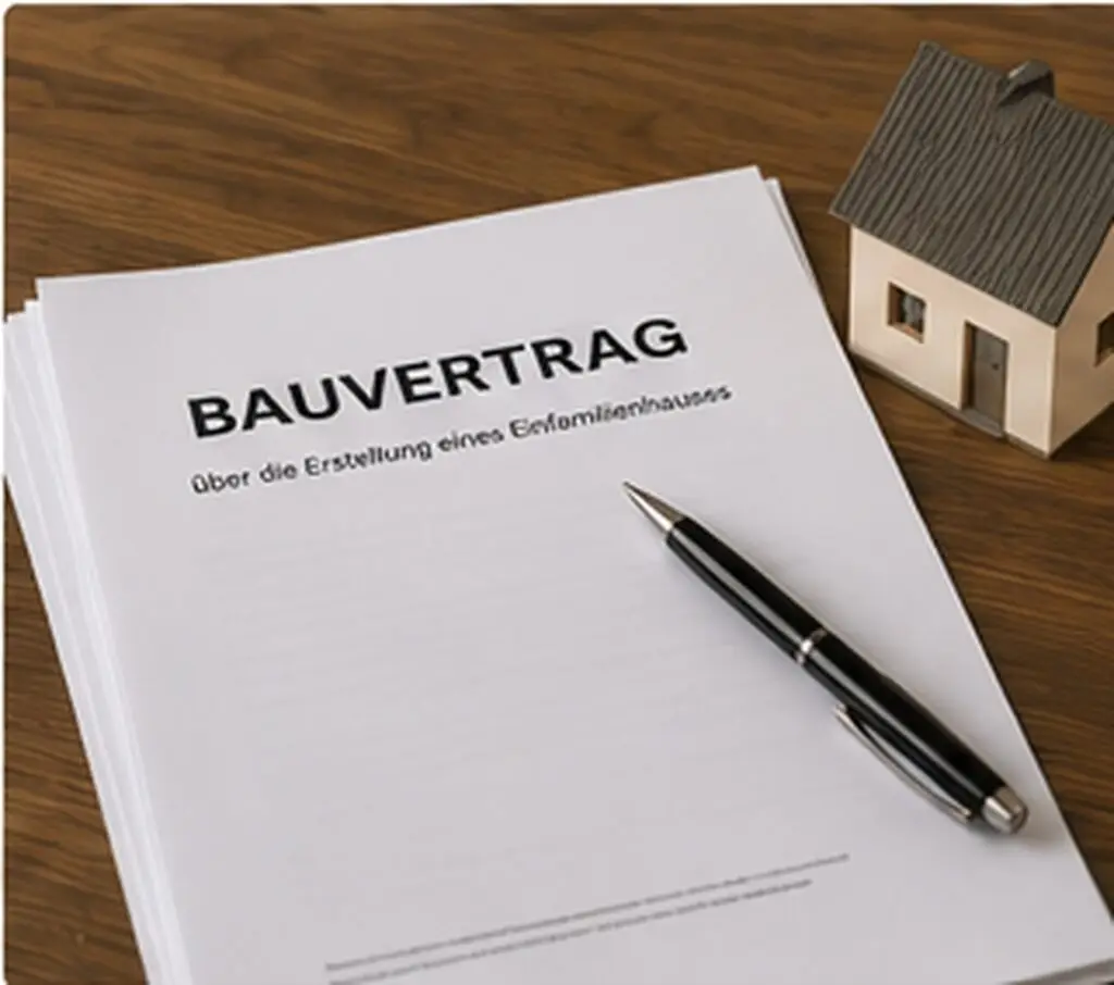 Bauvertrag mit Stift und Hausmodell auf einem Tisch