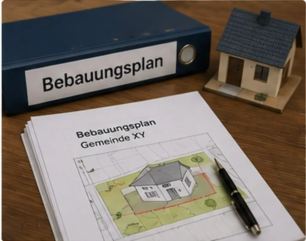 Ausgedruckter Bebauungsplan einer Gemeinde auf einem Tisch neben einem Hausmodell