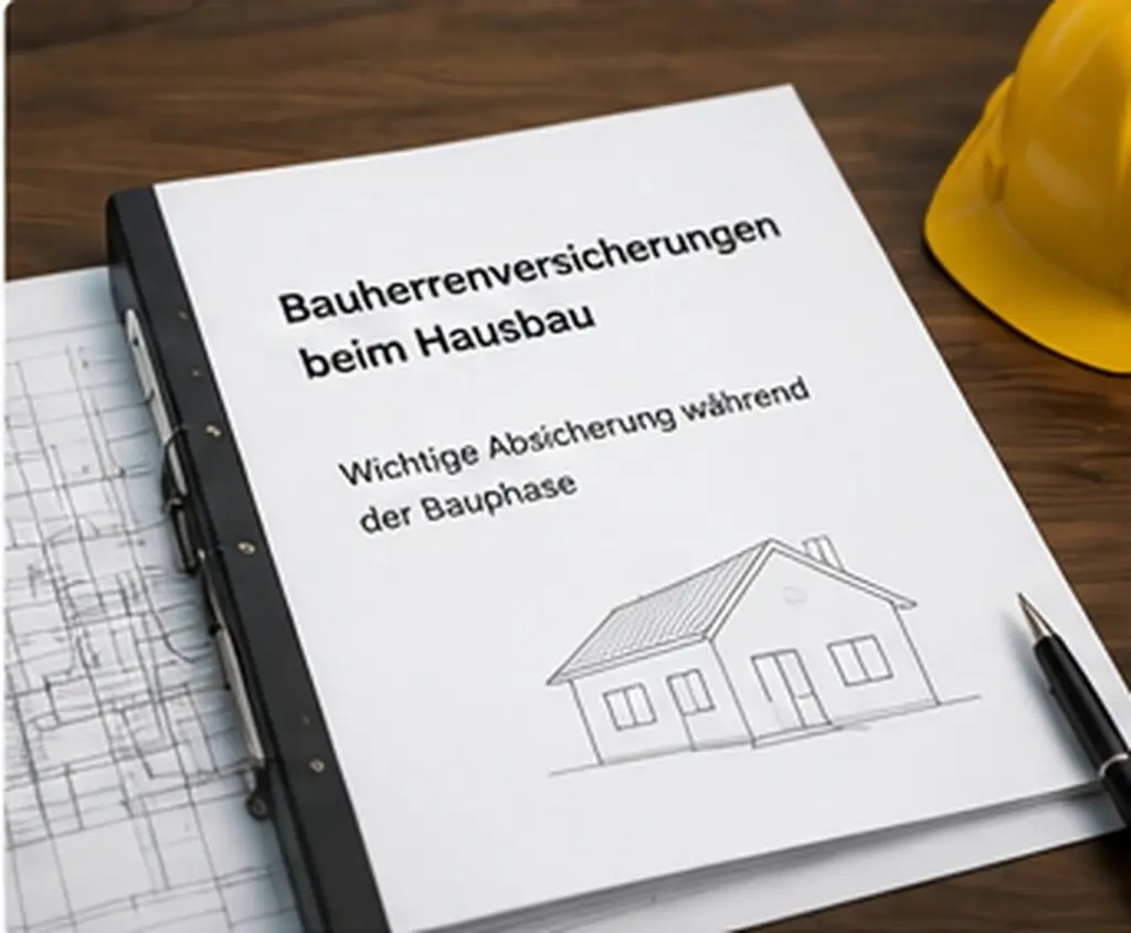 Broschüre zu Bauherrenversicherungen neben Bauhelm und Bauplan