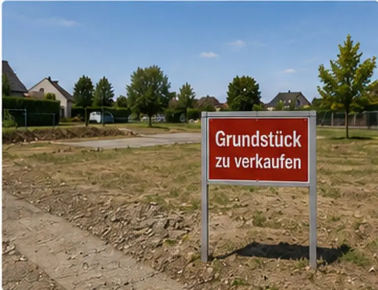 Unbebautes Grundstück mit Schild Grundstück zu verkaufen