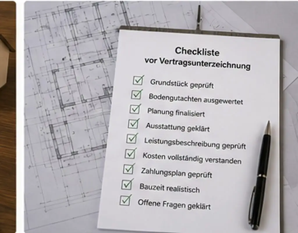 Checkliste vor der Vertragsunterzeichnung auf ausgebreiteten Bauplänen