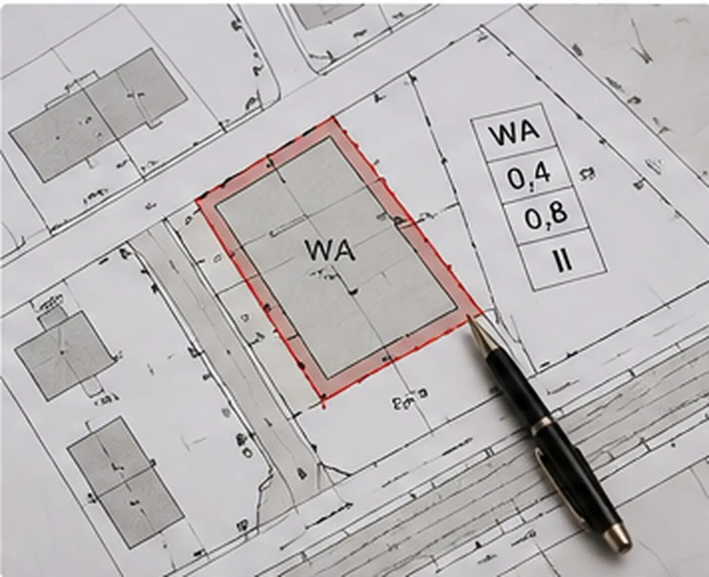 Ausschnitt eines Bebauungsplans mit rot markiertem Baufenster und Nutzungsschablone