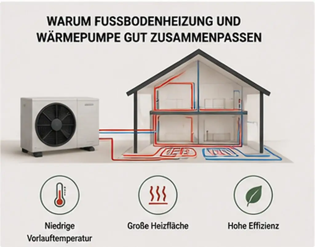 Fußbodenheizung Neubau abschnitt Wärmepumpe und niedrige Vorlauftemperatur