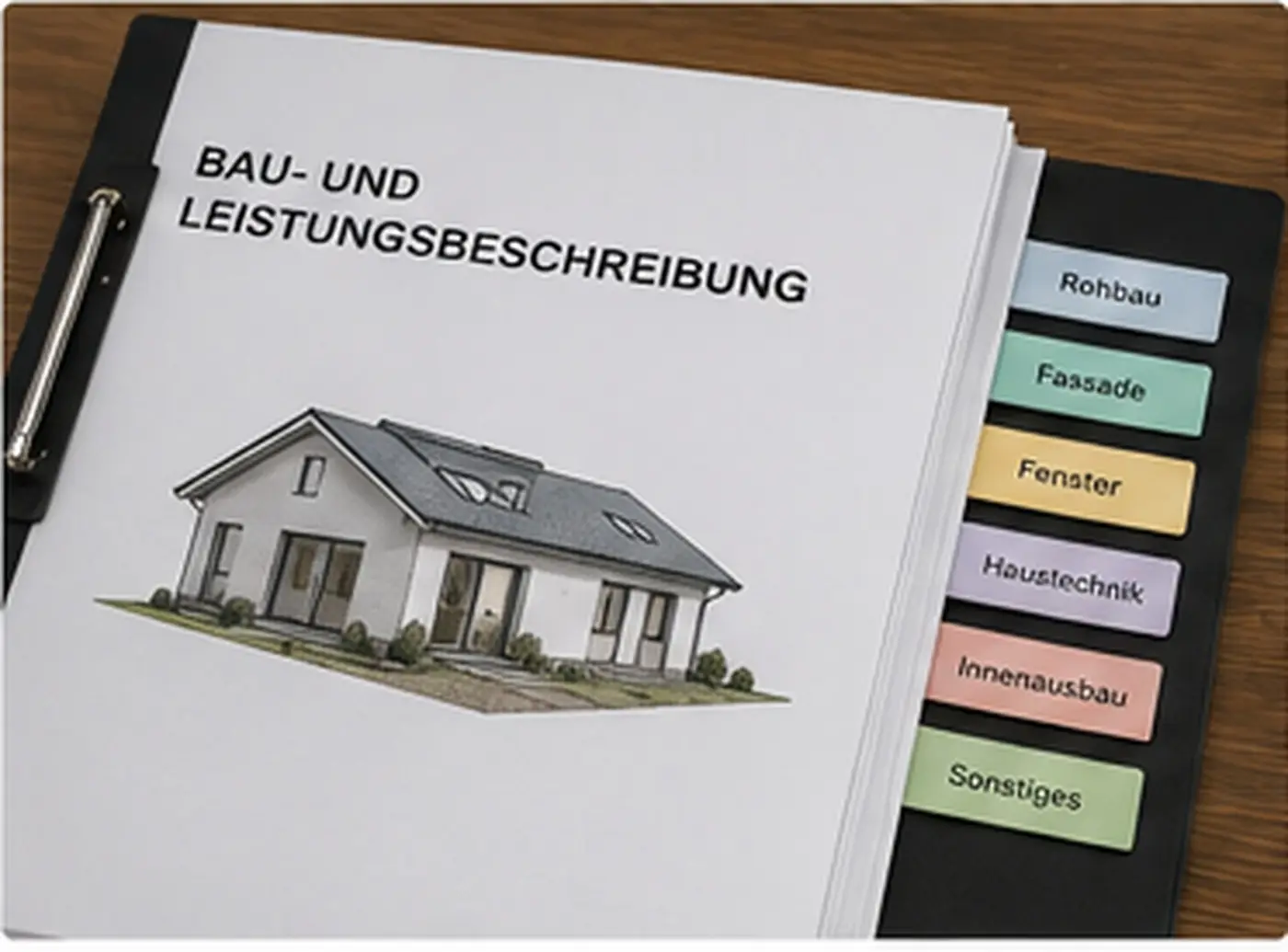 Ordner mit Bau- und Leistungsbeschreibung und farbigen Registern