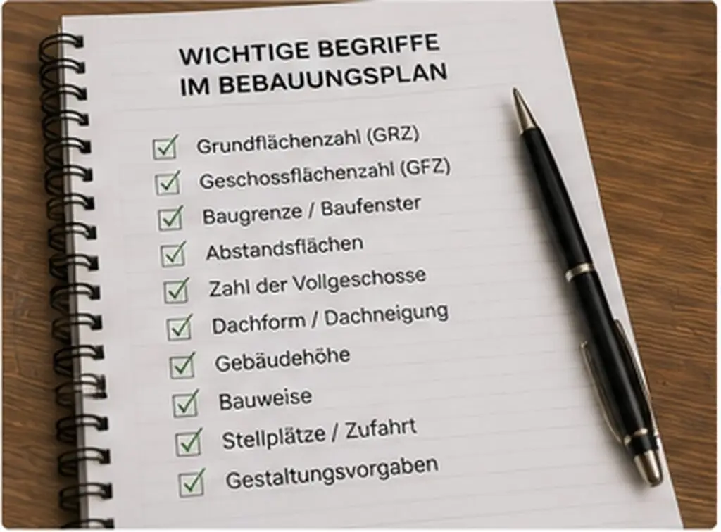Notizbuch mit Checkliste der wichtigen Begriffe im Bebauungsplan