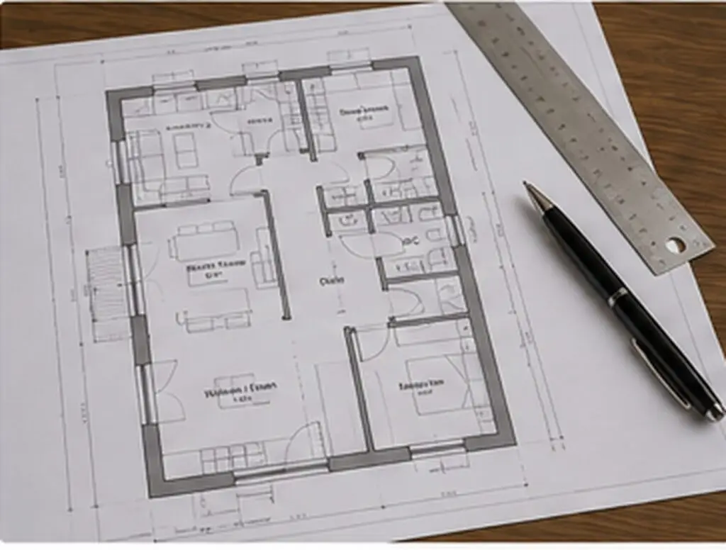 Grundriss eines Hauses mit Lineal und Stift auf dem Zeichentisch