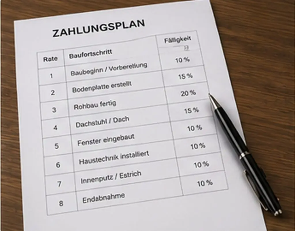 Zahlungsplan eines Bauvertrags mit den Raten der einzelnen Bauabschnitte