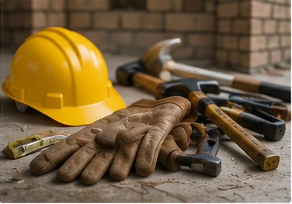 Bauhelm, Arbeitshandschuhe und Werkzeug für Helfer auf der Baustelle