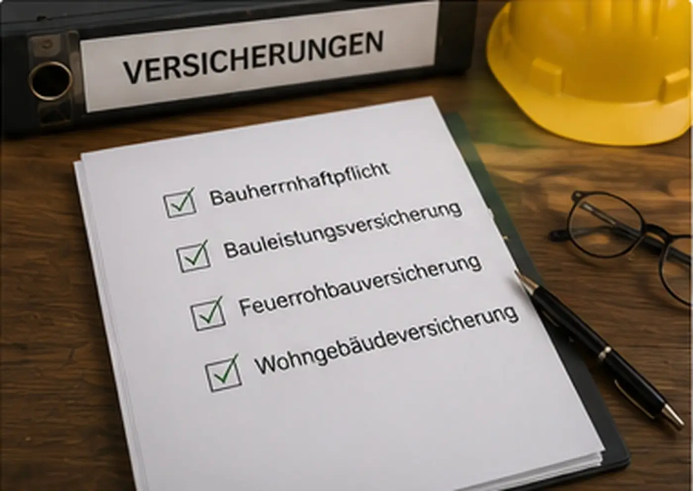 Übersicht der wichtigsten Bauherrenversicherungen neben einem Bauhelm
