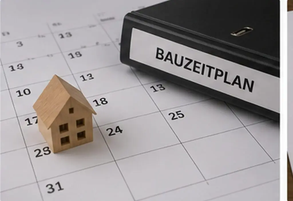 Ordner mit Bauzeitplan auf einem Kalender neben einem Hausmodell