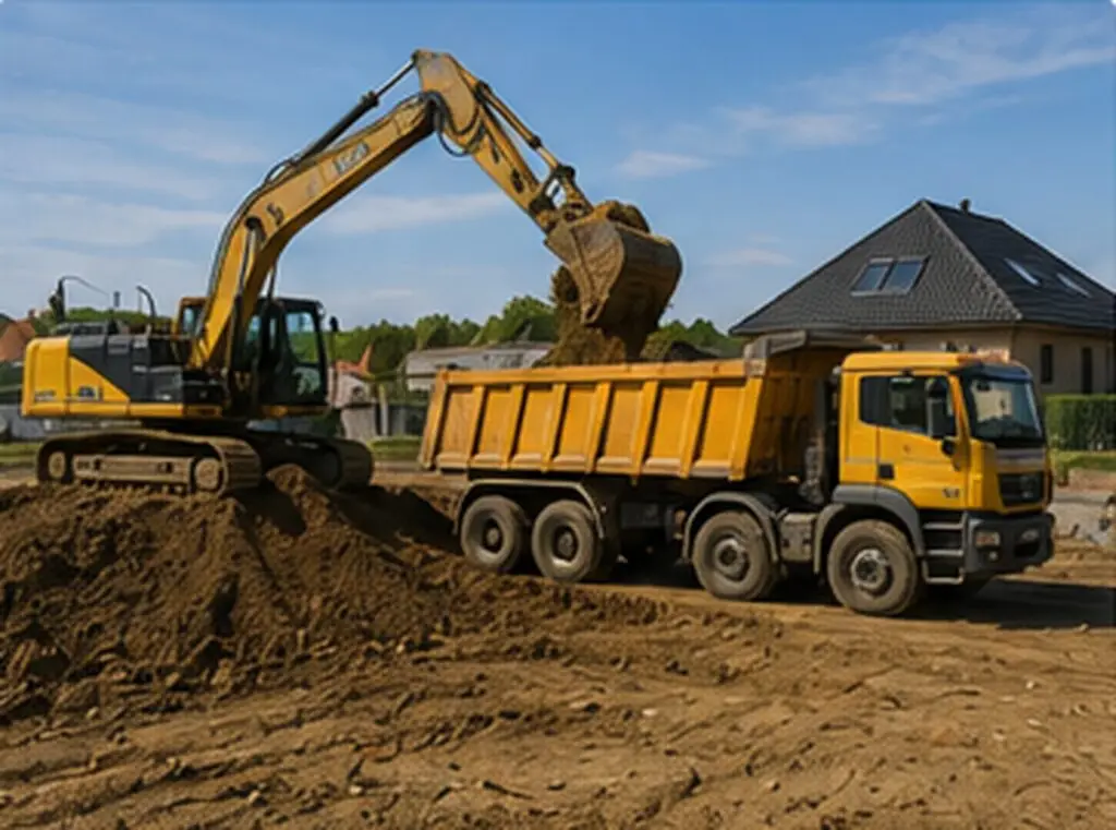 Bagger und Lkw bei Erdarbeiten und Bodenaustausch auf der Baustelle