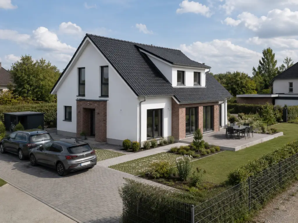 Wohnhaus mit gepflasterter Einfahrt und Pkw-Stellplatz