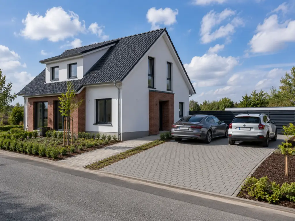 Einfamilienhaus mit Zufahrt und Stellplätzen am Carport