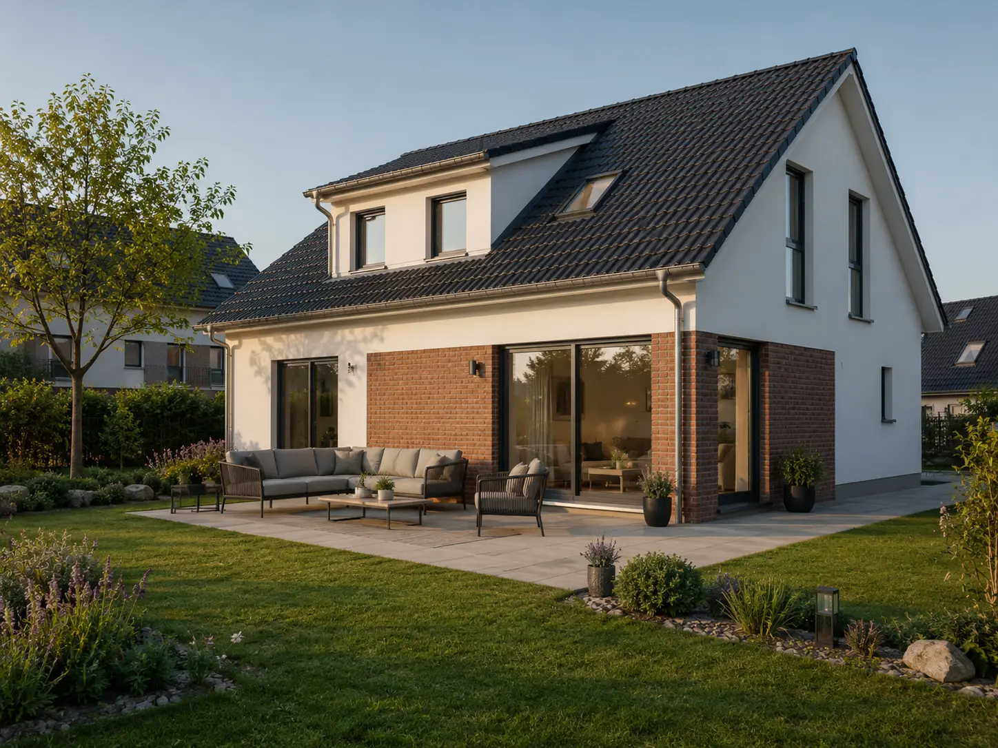 Gartenseite eines Neubaus mit Terrasse und angelegtem Rasen