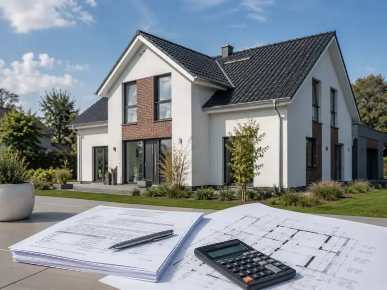 Bauplan und Taschenrechner vor einem fertigen Neubau