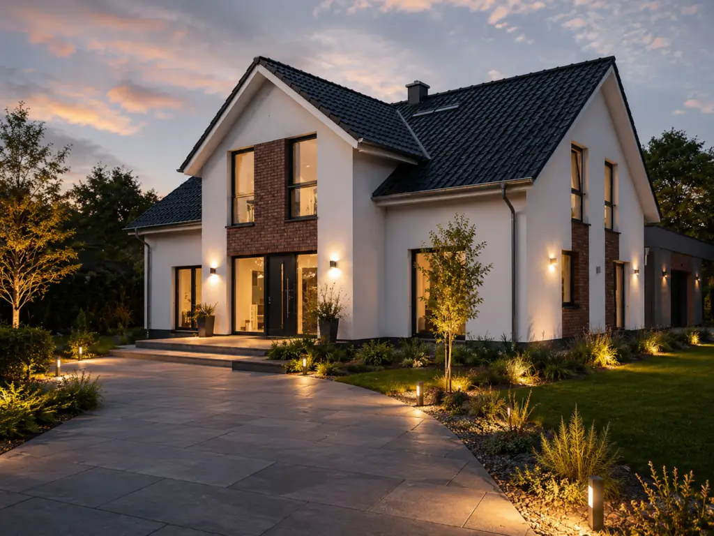 Neubau mit beleuchteter Zufahrt und Terrasse in der Abenddämmerung