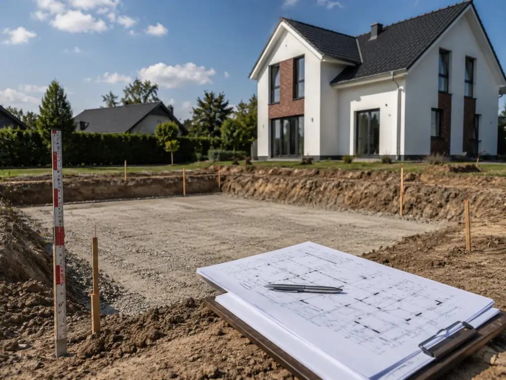 Bauplan auf dem noch unfertigen Grundstück vor dem Neubau
