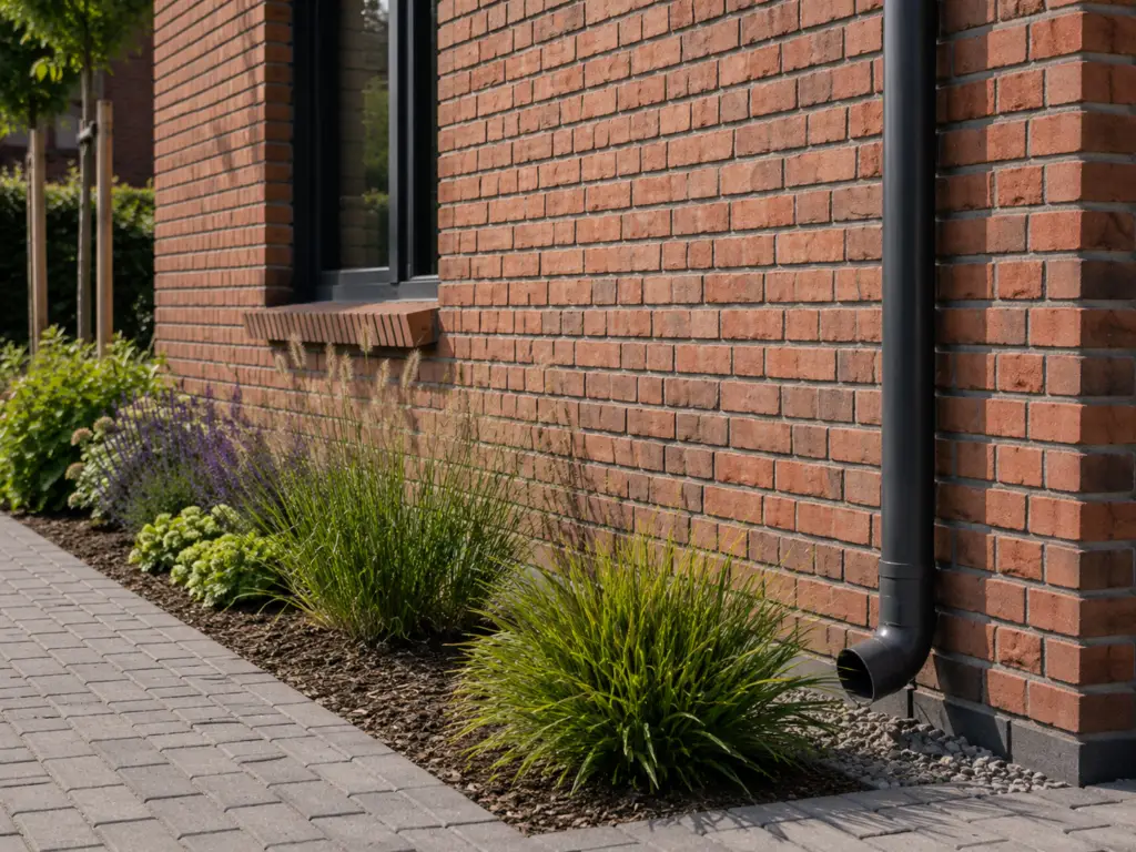 Detailansicht einer roten Klinkerfassade mit Regenfallrohr