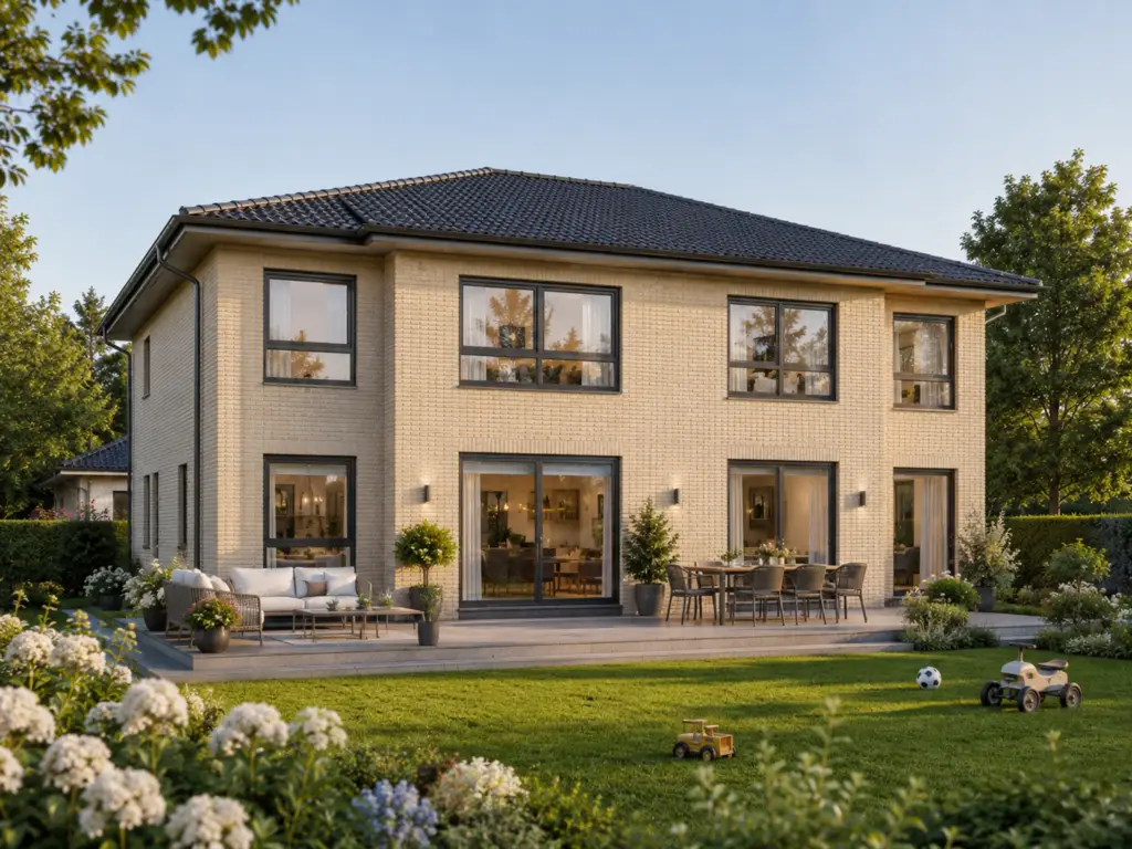 Familienfreundliche Stadtvilla von KLINKER HAUS mit heller Klinkerfassade, großer Terrasse und Garten für Kinder.