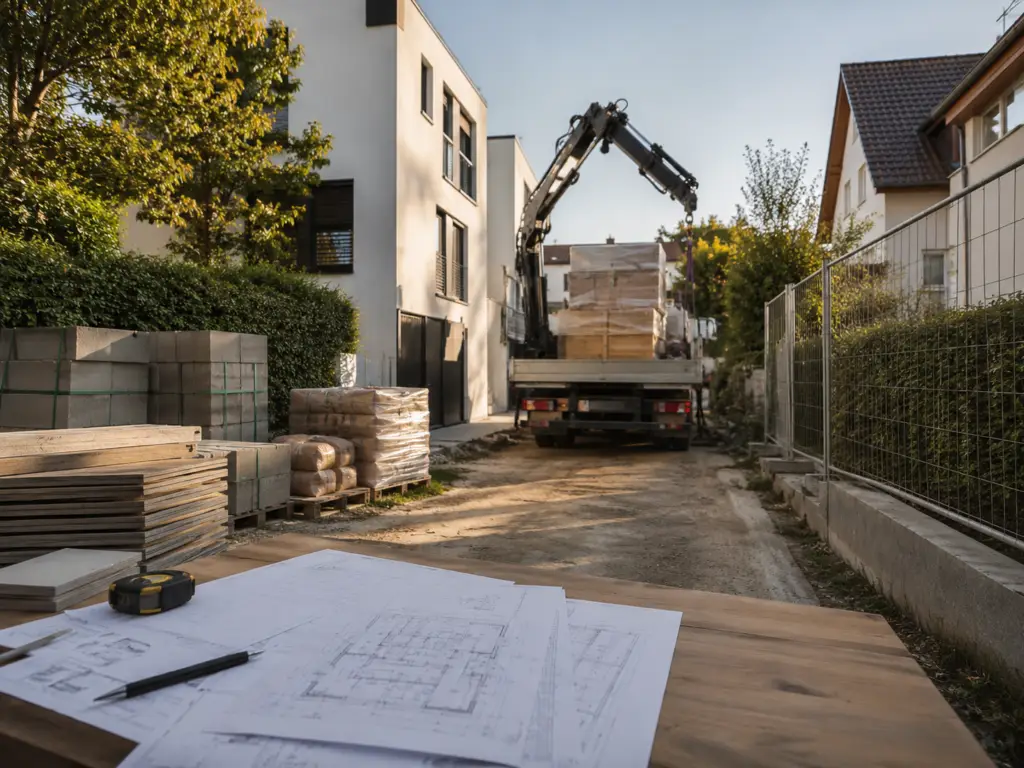 Enge Zufahrt zu einer Baustelle zwischen bestehenden Gebäuden