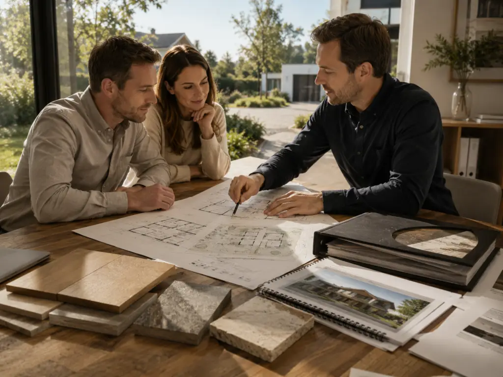 Bauherren besprechen mit KLINKER HAUS Grundriss, Grundstück, Ausstattung und Kosten vor der Bauentscheidung.