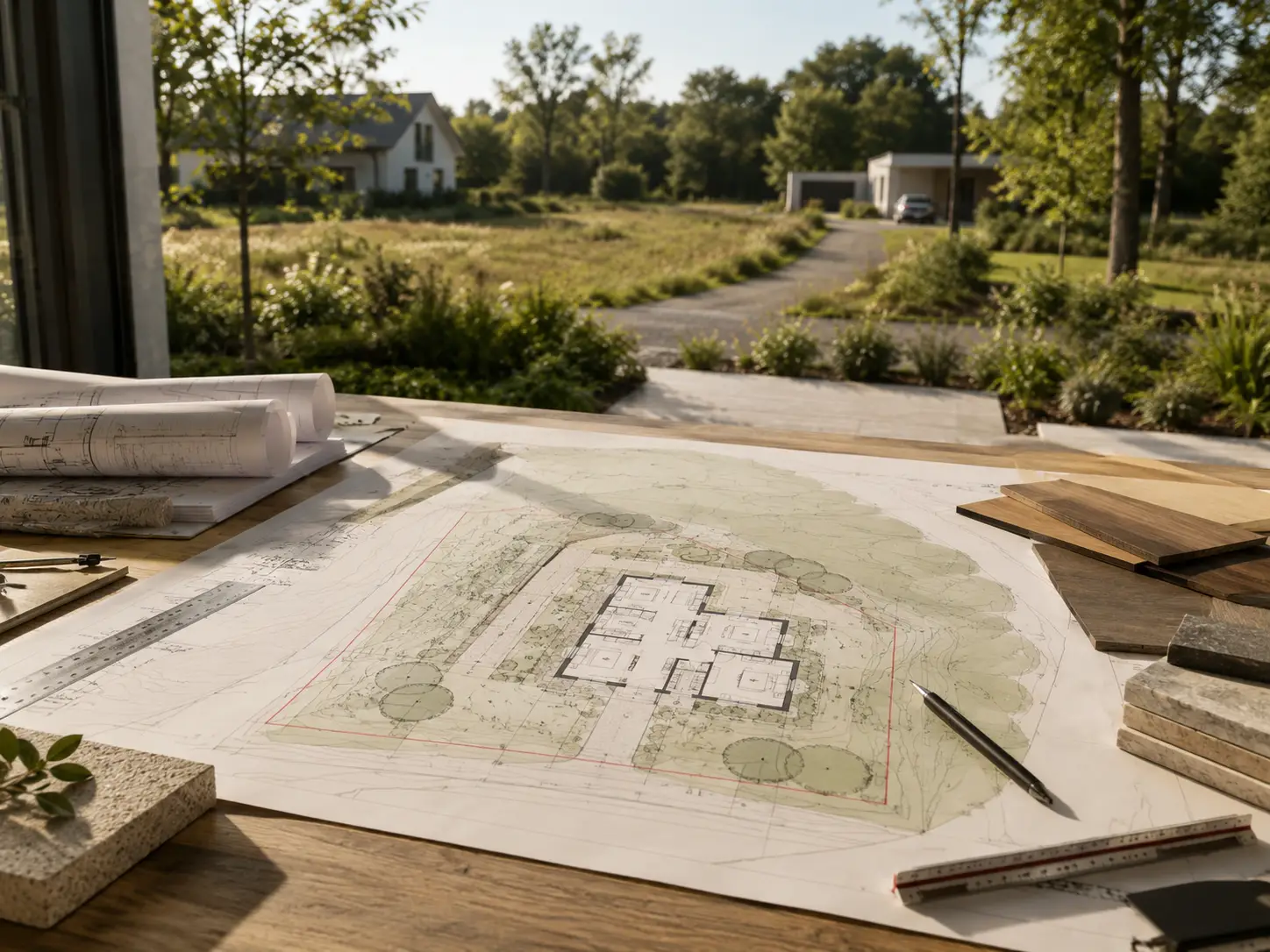 Individuelle Grundstücks- und Hausplanung von KLINKER HAUS mit Lageplan, Grundriss, Zufahrt und Grundstücksgrenzen.