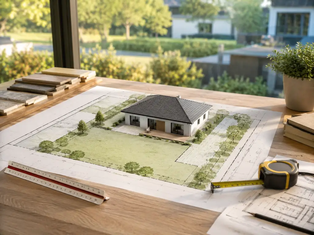 Modell eines Bungalows auf einem Grundstücksmodell
