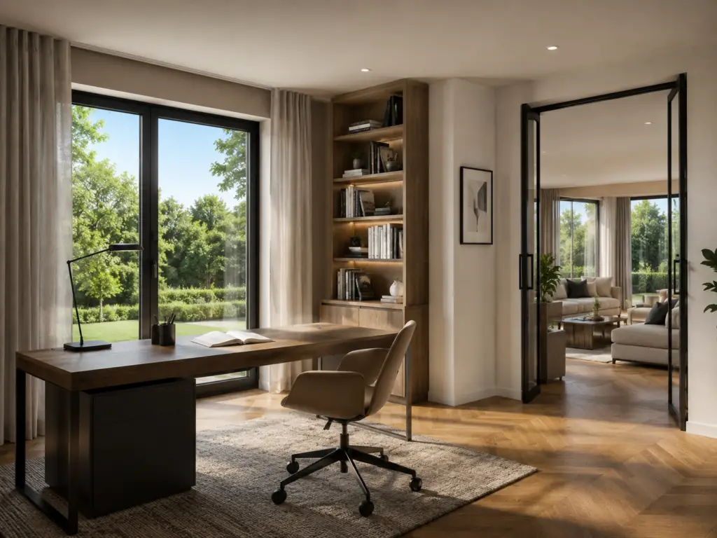 Heller Arbeitsbereich in einer individuell geplanten Stadtvilla von KLINKER HAUS mit Einbauregal und Gartenblick.