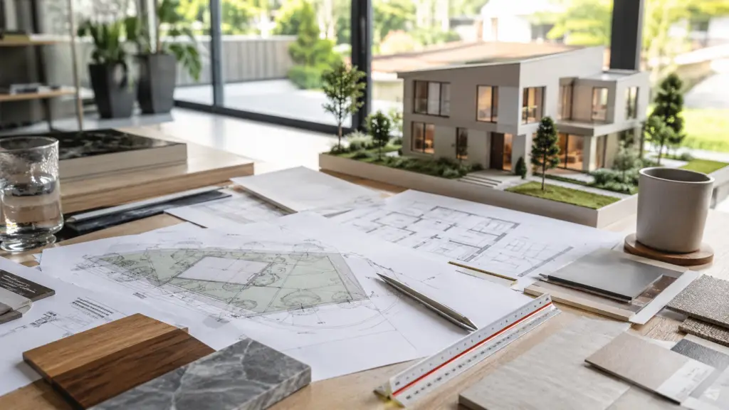 Beratungssituation mit Grundstücksplan, Grundriss und Hauskonzept für die individuelle Planung eines Massivhauses