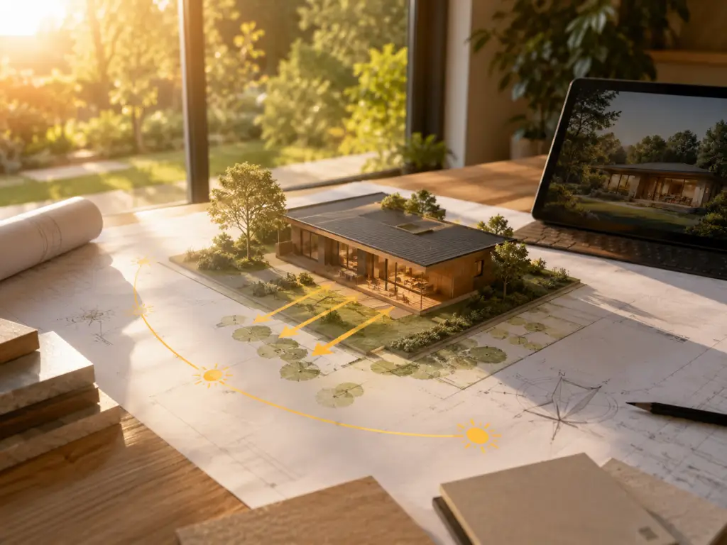 Bauplan und Modell im Sonnenlicht zur Ausrichtung des Grundstücks