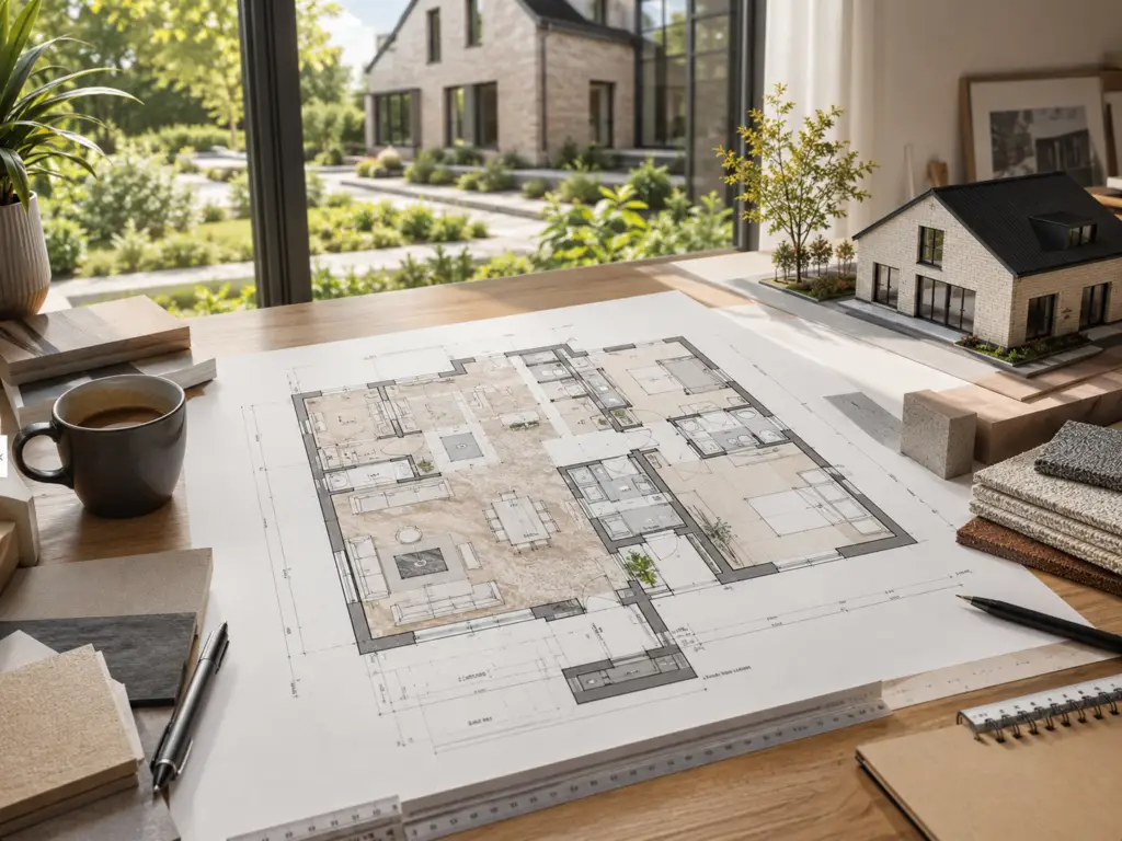 Grundriss mit Hausmodellen zur Planung der Wohnfläche
