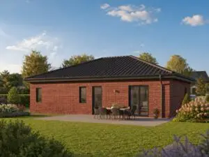 Bungalow 110 mit roter Klinkerfassade, Eingangsseite