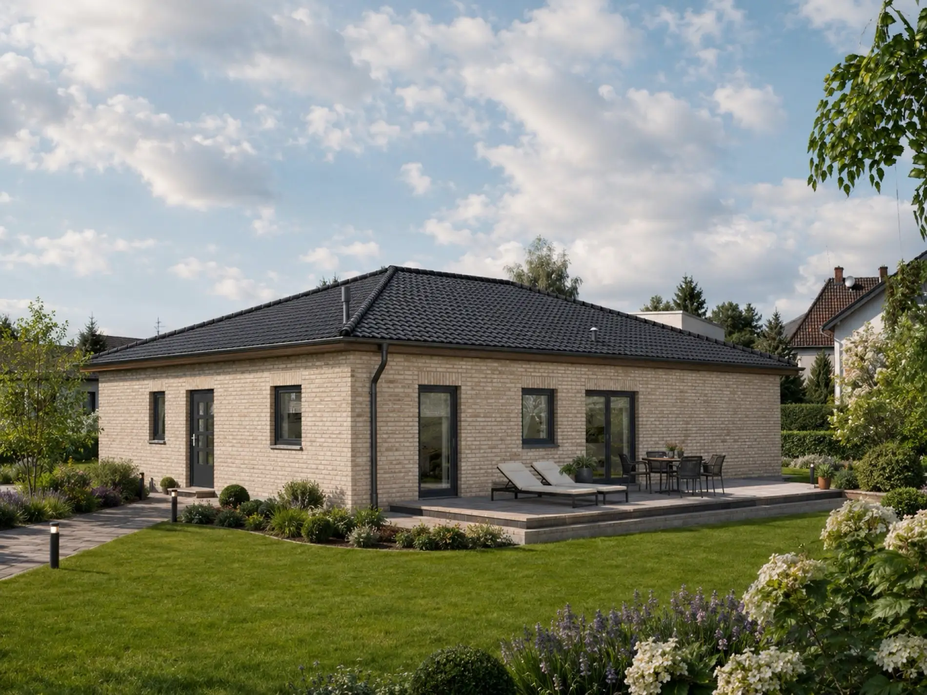Bungalow 125 mit heller Fassade, Eingangsseite