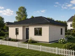 Bungalow 61 mit heller Fassade und Gartenzaun