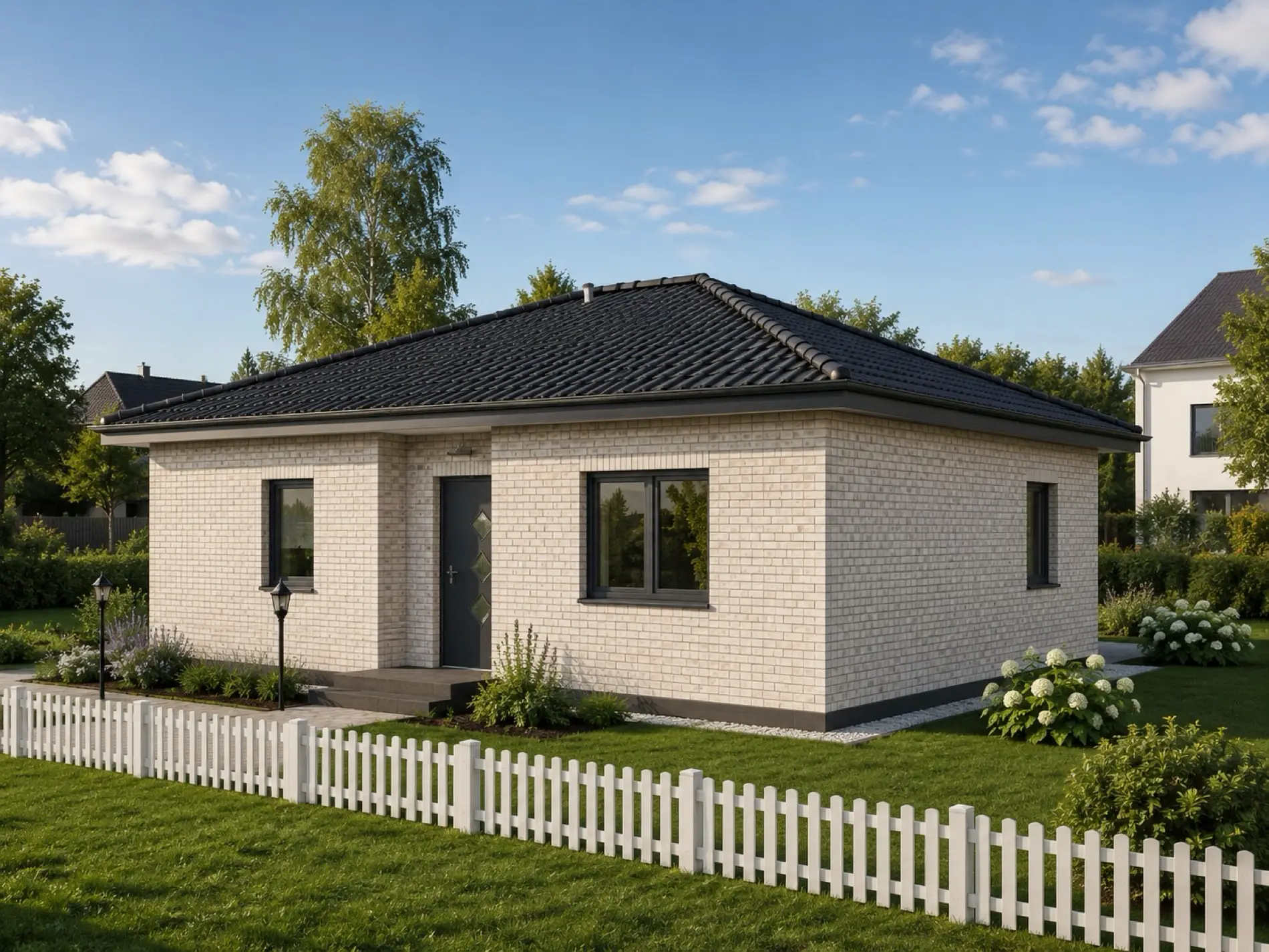 Bungalow 61 mit heller Fassade und Gartenzaun