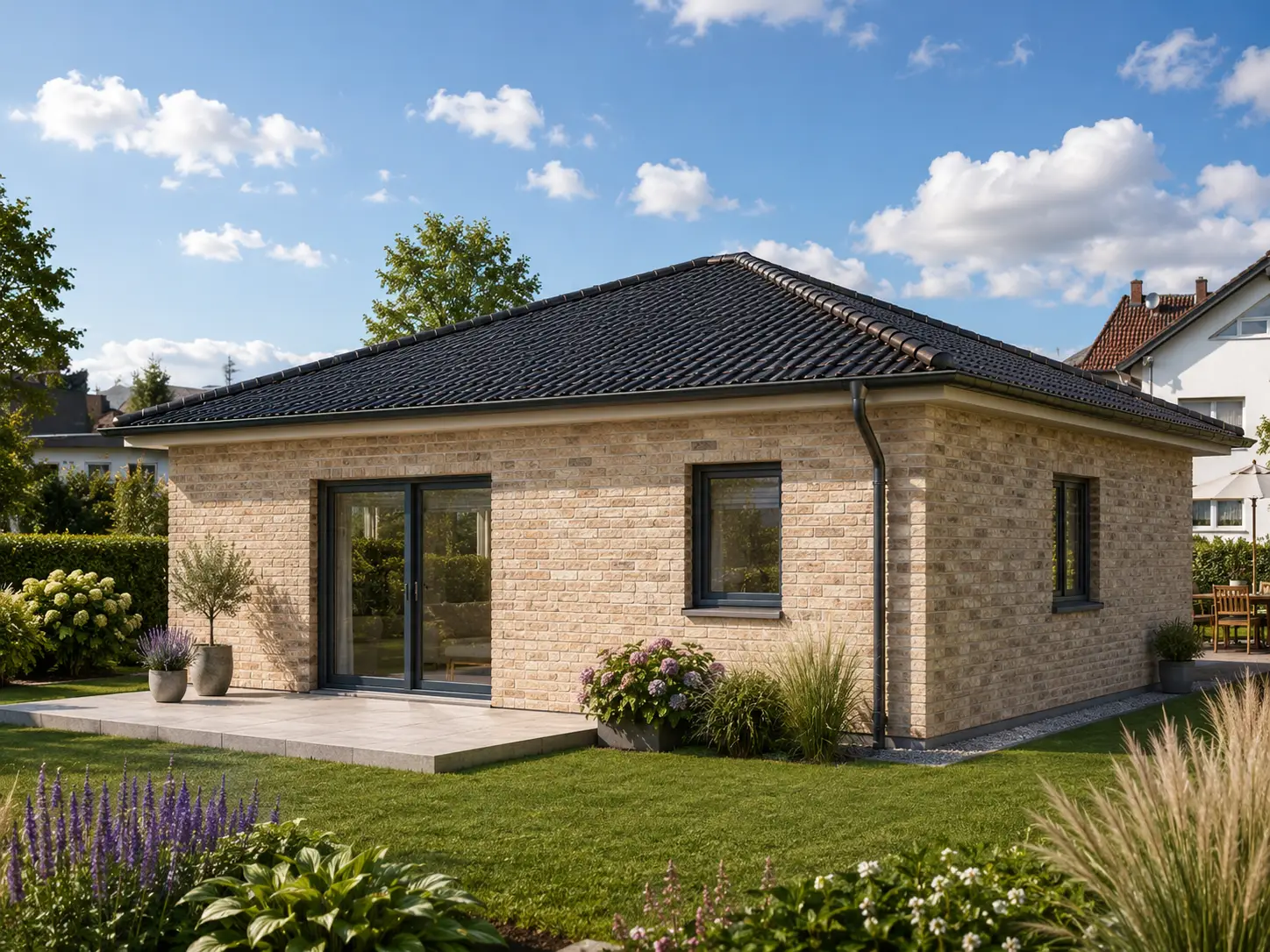 Bungalow mit heller Klinkerfassade und Walmdach