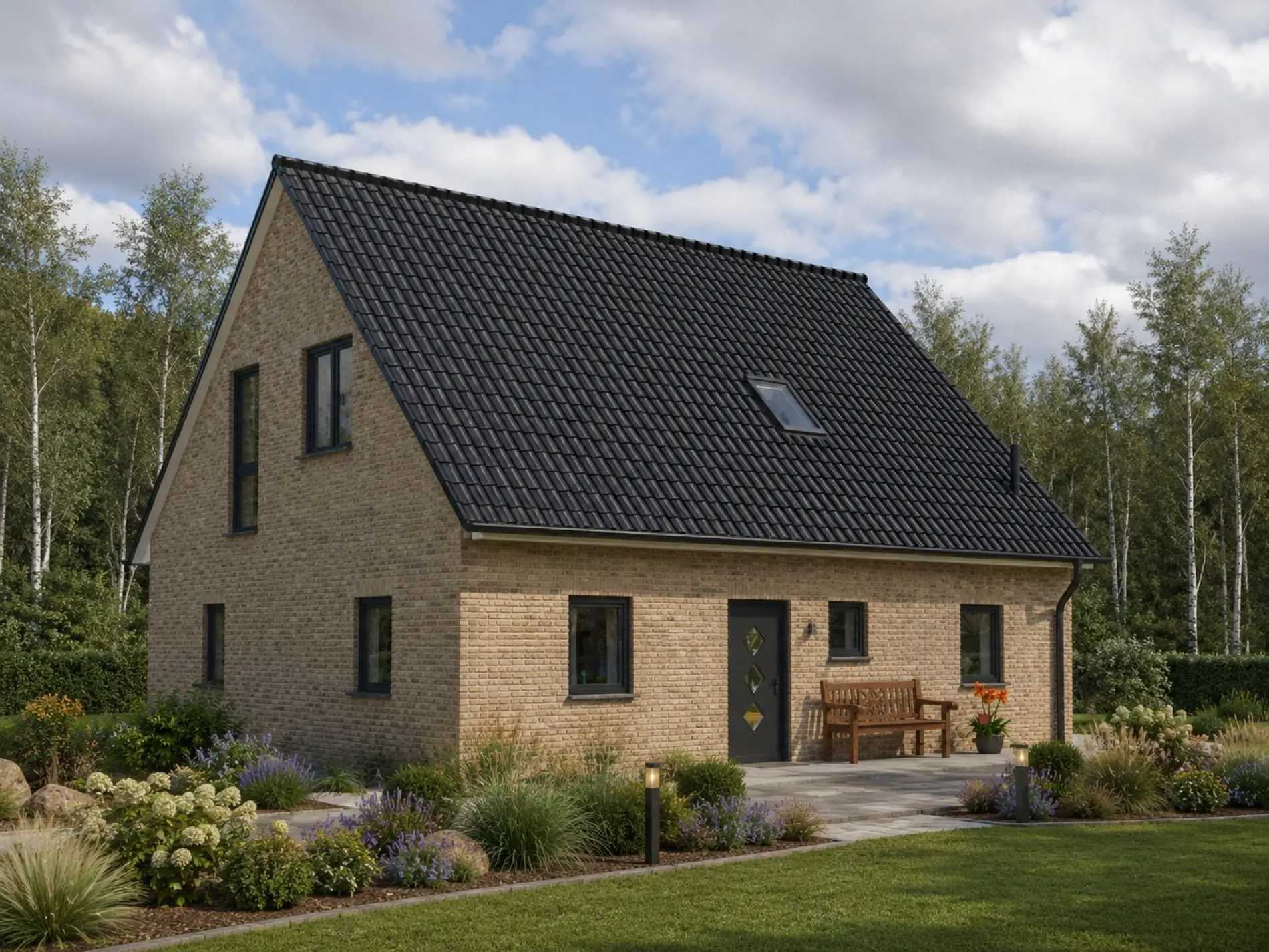 Einfamilienhaus Blumberg 2 mit sandfarbener Klinkerfassade, Straßenansicht