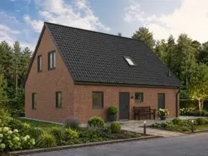 Einfamilienhaus Blumberg 3 mit rotbrauner Klinkerfassade, Straßenansicht