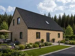 Einfamilienhaus Blumberg 6 mit sandfarbener Klinkerfassade, Straßenansicht
