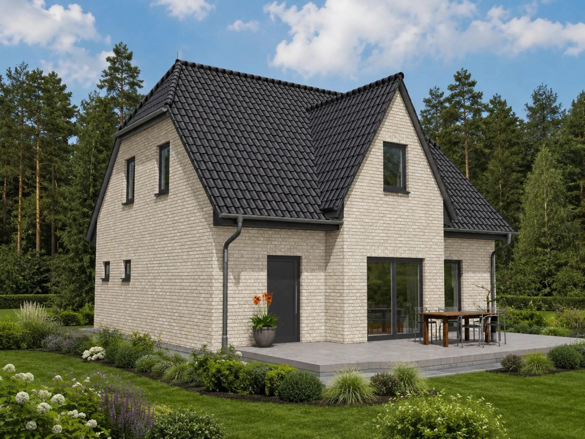 Einfamilienhaus Börnicke 2 mit weißer Fassade, Gartenansicht