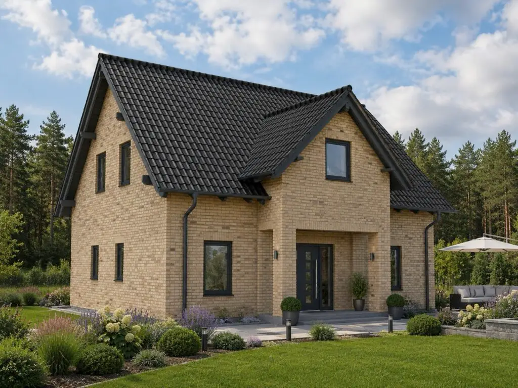 Einfamilienhaus Lindow mit sandfarbener Klinkerfassade und Terrasse