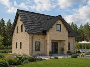 Einfamilienhaus Lindow mit sandfarbener Klinkerfassade und Terrasse