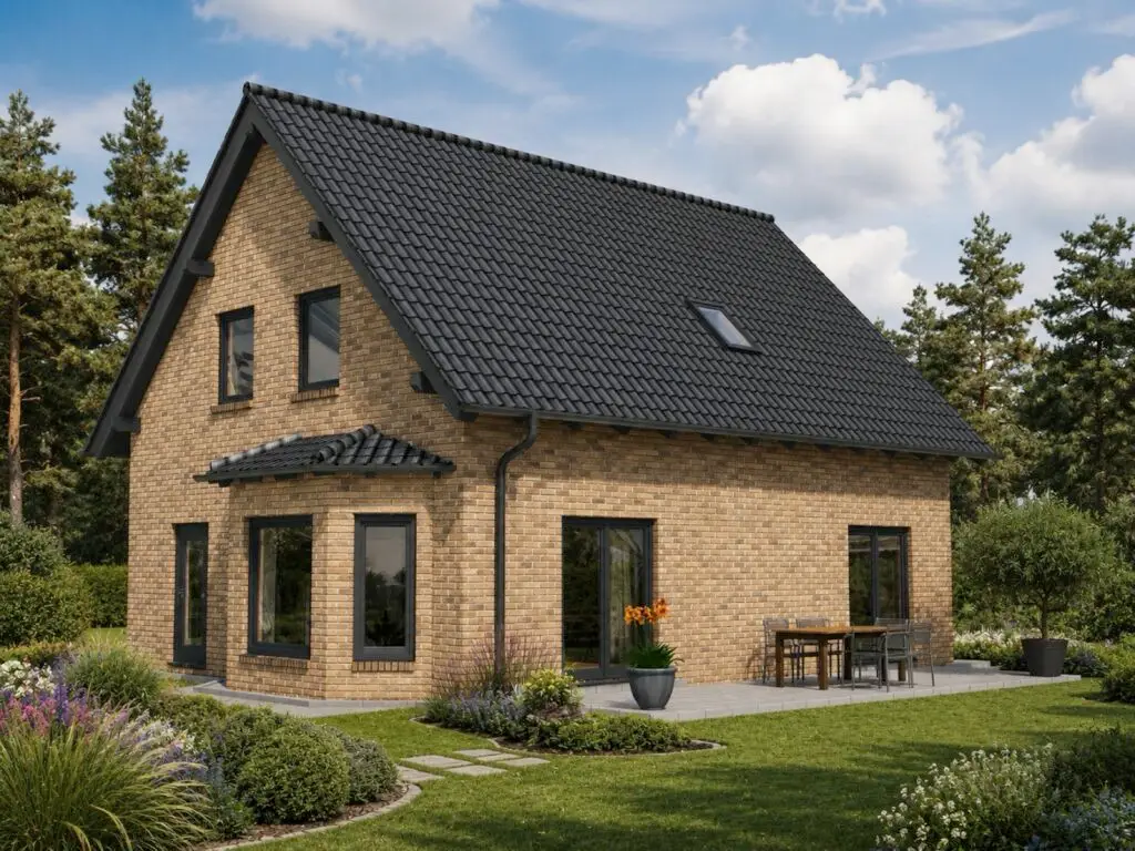 Einfamilienhaus Lindow mit sandfarbener Klinkerfassade und Zwerchgiebel