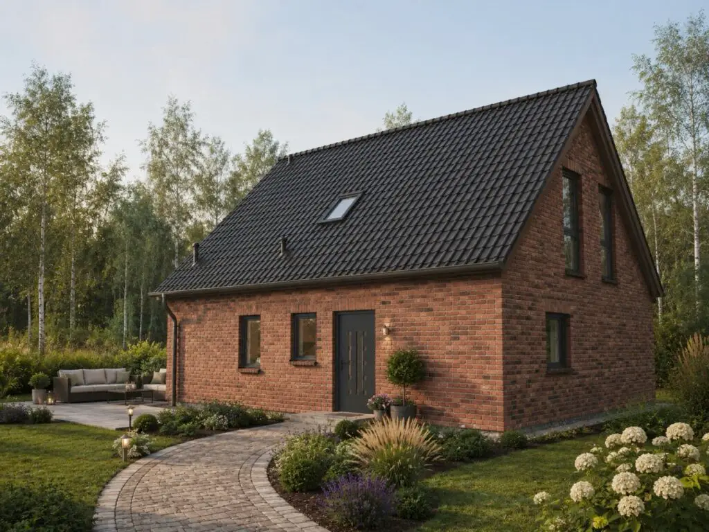 Einfamilienhaus Magdeburg 1 mit rotbrauner Klinkerfassade, Eingangsseite